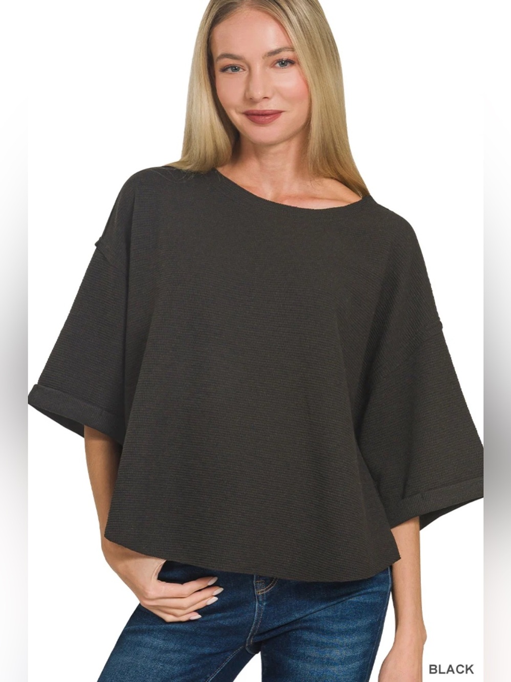 Zenana Black Double Knit Exposed Seam Curved Hem Short Sleeve Top